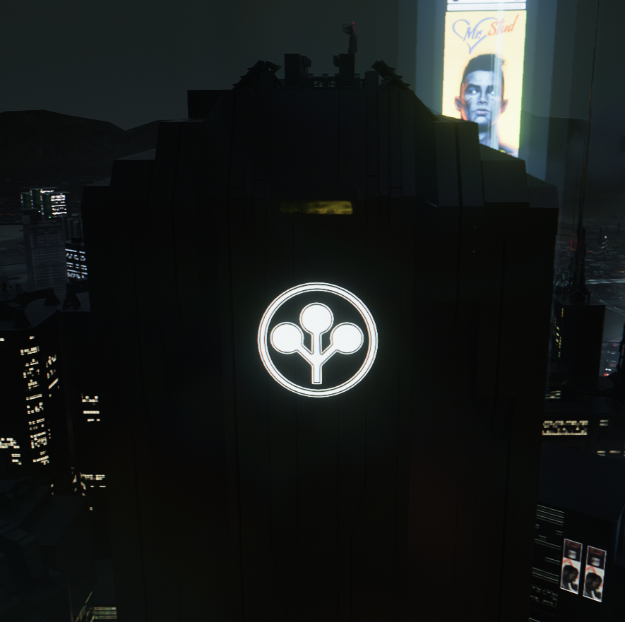 The modern Arasaka logo has connected branches and an outer ring. Nodes are connected at the same axis.